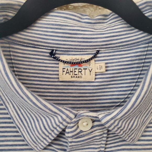 Faherty Men's L Blue Stripped Long Sleeve Collard Polo Shirt Organic Cotton EUC - Picture 4 of 7